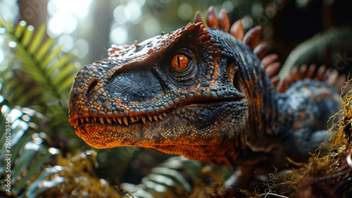 A dinosaur with an orange and grey color scheme  standing on a bed of green moss surrounded by ferns.