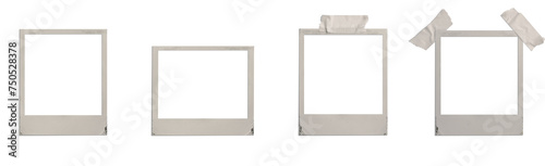 A set of old real polaroid frames with worn corners and edges in various formats, with and without adhesive tape, on an isolated transparent background. PNG