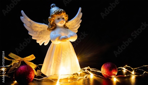 christmas glowing angel with a flashlight on a black isolated background