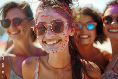 Close-up View  Young Woman and Friends Celebrating Holi Color Festival in India.