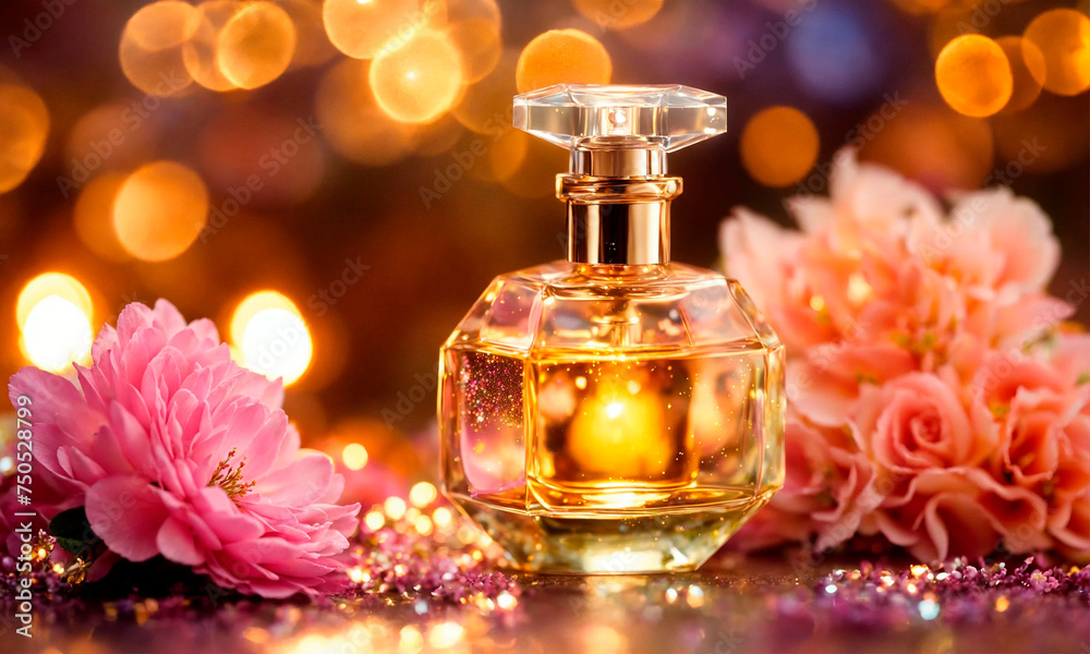 bottle of perfume with flowers on the table. Selective focus. bottle of perfume with flowers on the table. Selective focus.