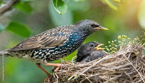 mother starling feeding her young at the nest