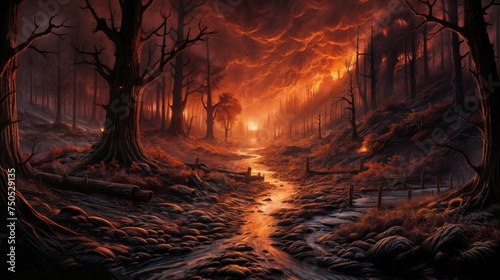 A river winds through a dark, fiery forest. The sky is filled with clouds of smoke and the trees are barren. There is a sense of danger and uncertainty in the scene.