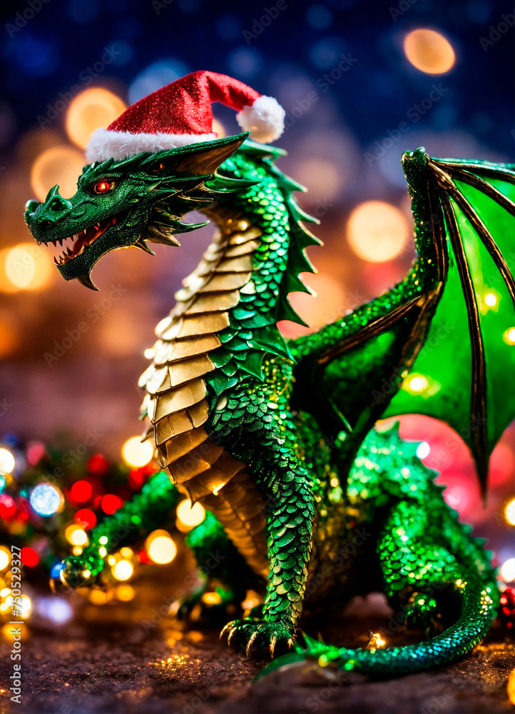 Fototapeta premium dragon in santa's hat year of the dragon. Selective focus.