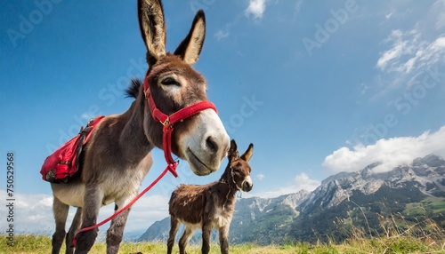 donkey with red harness and his dog friend