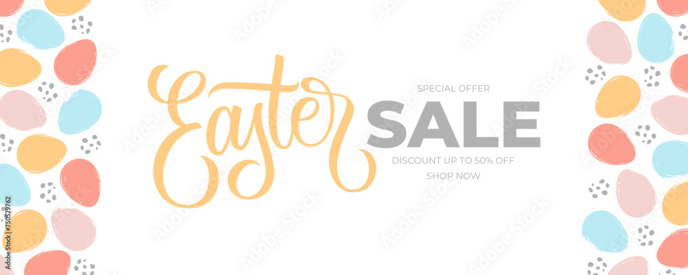 Easter Sale banner. Hand lettering with color brush stroke Easter eggs. Easter Sale commercial background for seasonal shopping and sale advertising. Vector illustration.
