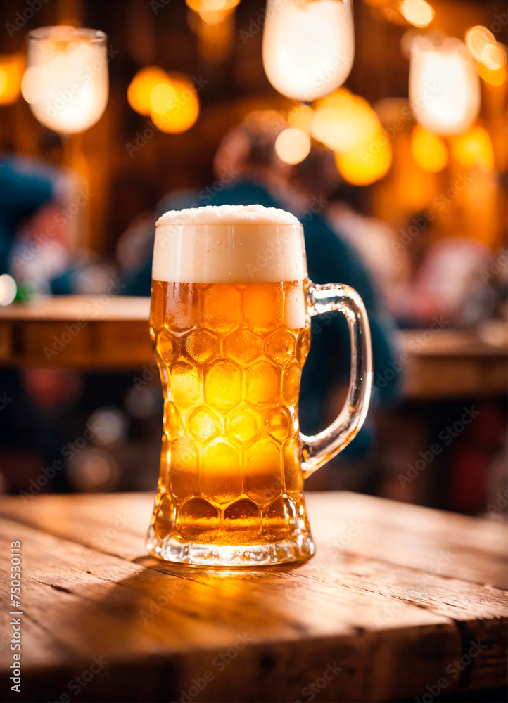 glass of beer on the background of a bar. Selective focus.