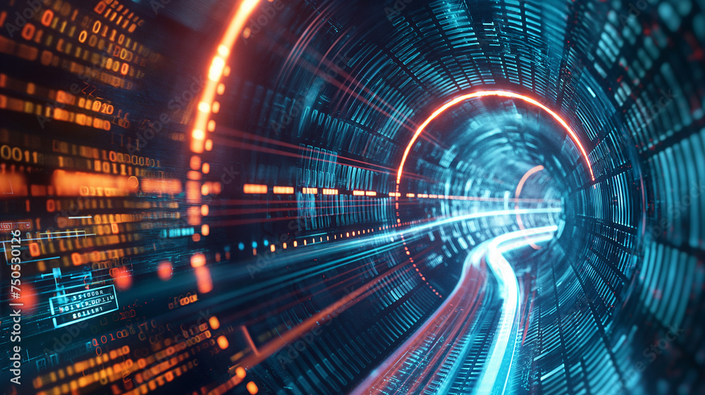 Abstract concept of a data tunnel in cyberspace, with glowing binary code and the idea of high-speed information transfer.