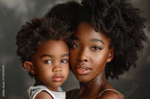 studio fashion shot of natural beauty African American perfect skin woman with son 