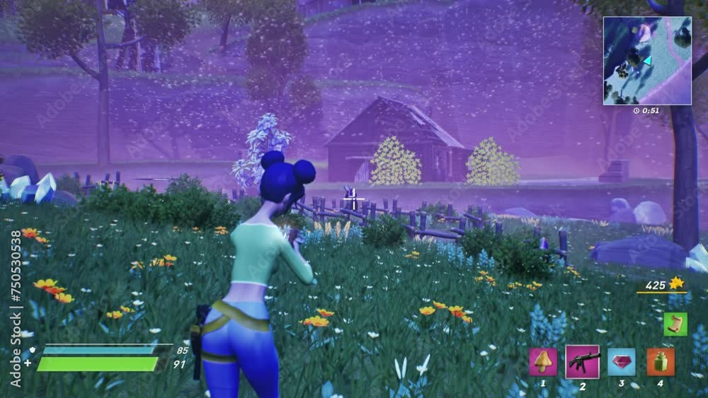 Playing the modern online battle royale multiplayer computer game. Playing with a female character in the online video game. Player achieving the victory of the competitive online game.