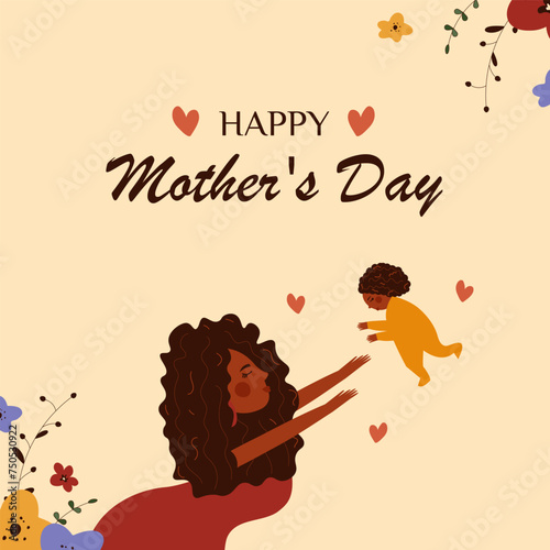 Greeting card for Mother's Day. African American mother, with daughter, flowers, hearts. Racial equality, motherhood, postpartum happiness. Vector eps 10 template for poster, cover, banner.