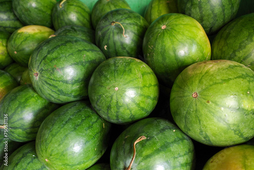Fresh watermelons  Citrullus lanatus  on shelves in  supermarket