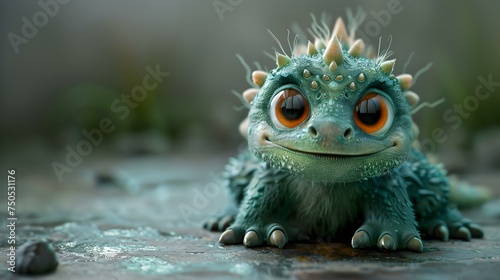 Adorable cartoon monster with big eyes and friendly smile resembling Godzilla. Concept Cartoon, Monster, Big Eyes, Friendly, Godzilla © Anastasiia