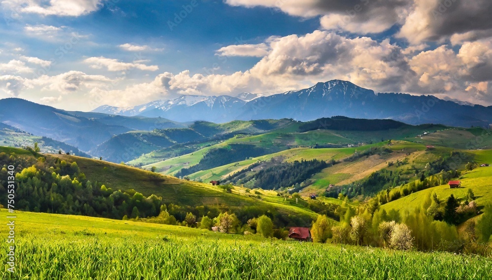 panorama of beautiful countryside of romania sunny afternoon wonderful springtime landscape in mountains grassy field and rolling hills rural scenery