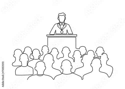 Lector man speech behind podium on conference with audience spectators back, continuous one line drawing. Speaker on tribune by leader, businessman, teacher talking. Vector minimalist outline