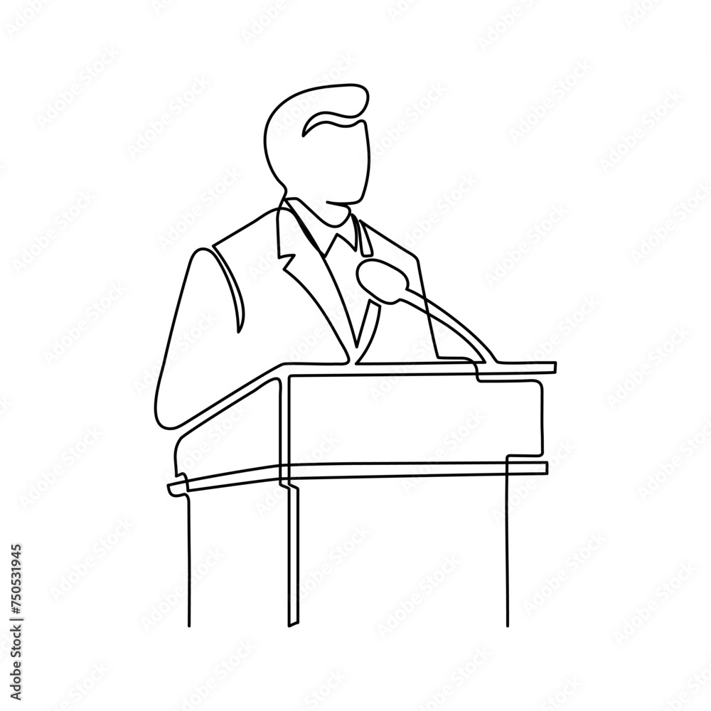 Speaker man speech behind tribune on conference, continuous one line drawing. Orator on podium by leader, businessman, teacher talking. Vector outline Speaker man speech behind tribune on conference, continuous one line drawing. Orator on podium by leader, businessman, teacher talking. Vector outline