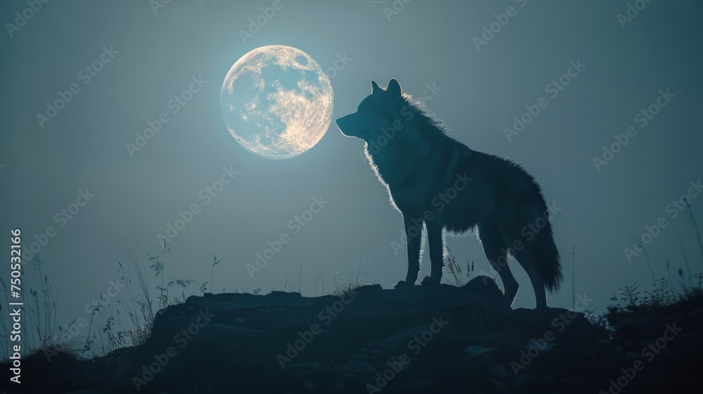 Wolf Standing on Rock in Front of Full Moon Wolf Standing on Rock in Front of Full Moon