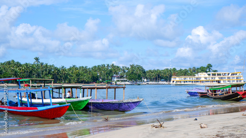 A group of colorful boats are docked on a beach
