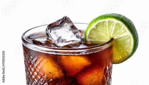 glass of dark n stormy cocktail with ice and lime isolated on white background photo