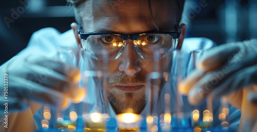 Laboratory specialist with test tube on dark background. Generative AI. photo