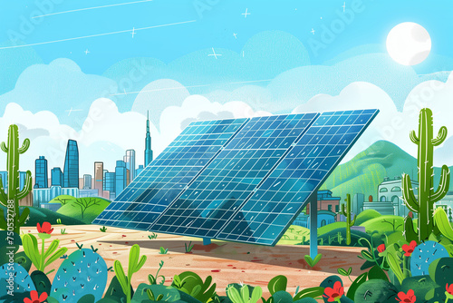 A global environment with a solar panel prominently displayed under a clear blue sky. Renewable energy and sustainability concept
