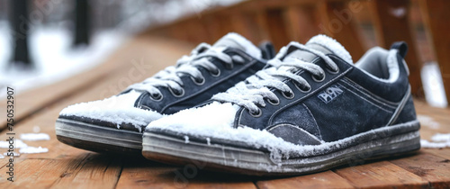 A pair of sneakers stands on wooden boards in winter weather. Panorama.