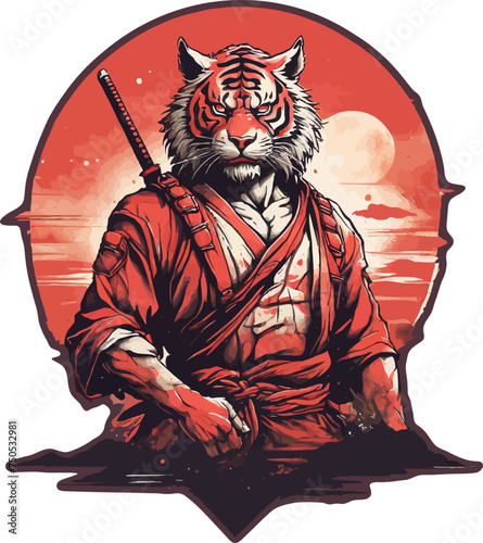 Tiger samurai warrior with red moon vector illustration for t-shirt, stickers and others.