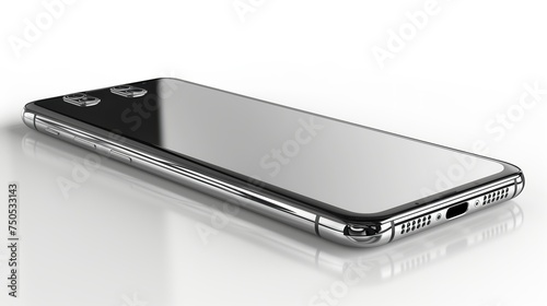 Smartphone's polished design features a dual-camera system and is presented on a glossy white surface, reflecting its state-of-the-art capabilities