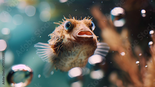 A close up of a puffer fish in an aquarium 