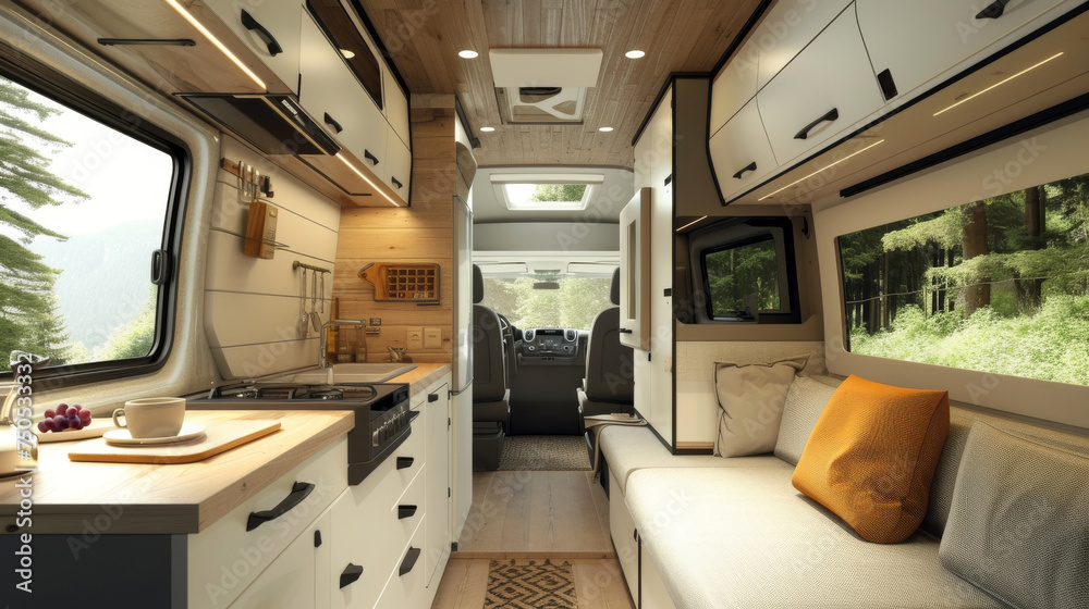 Fototapeta premium Inside a modern camper van, the cozy interior is fully equipped for a life on the road, featuring a comfortable bed, kitchen, and a view of the forest.
