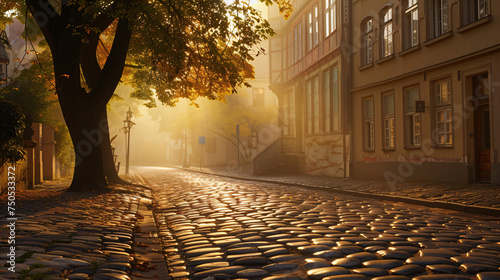A cobblestone street with a tree and buildings © Cybonad