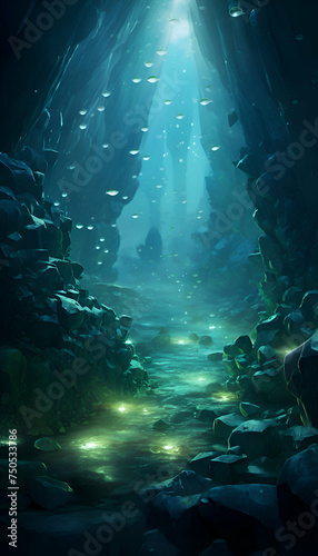 Underwater cave with light shining through it. 3D rendering.