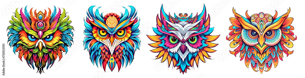 Obraz premium set of colorful owl head sticker designs, generative ai