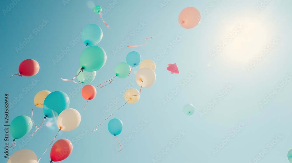 Pastel balloons into the sunlit sky, embodying a sense of freedom and celebration.