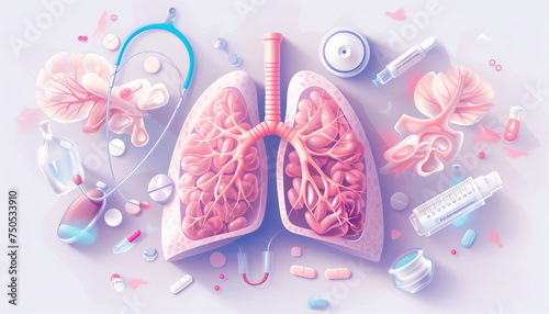 A realistic illustration depicts the concept of pneumonia affecting human lungs with detailed inflammation and infection. Medical education and awareness concept
