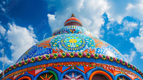 A colorfully painted dome with a blue sky in the background