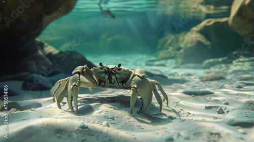 A crab is walking on the sand under the water © Cybonad
