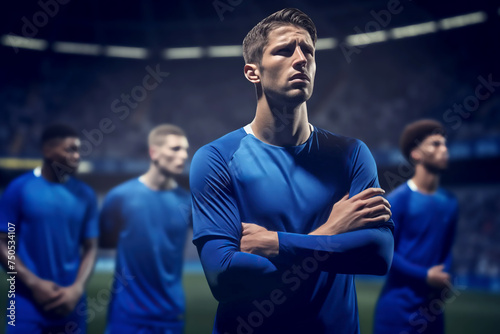 mens soccer football Dejected and down sports players looking sad and unhappy after losing a game or penalty shoot out in the match stadium depressed knocked out of the league cup tournament blue kit photo