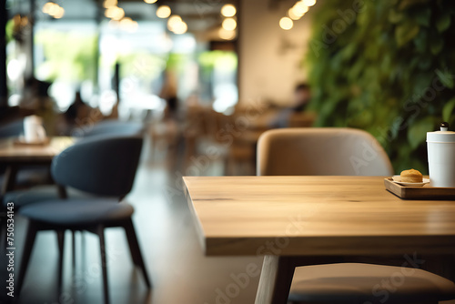Relaxation lounge, cafe area in co-working building. Closeup to empty wooden table with chairs and blurred background with barista serving organic drinks