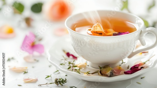 An elegant white tea cup envelops a blooming infusion, surrounded by delicate petals, creating a moment of refined tranquility and floral grace.