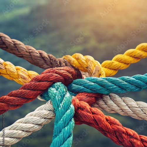 Buiness pulling together, networking, collaboration, ropes with knots, entanglements, untying knots, tight knot, stable knot, colored ropes tied into a knot, Friendship