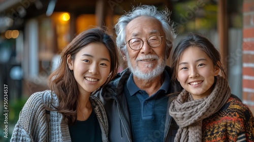 Older Man and Two Young Girls Posing for a Picture