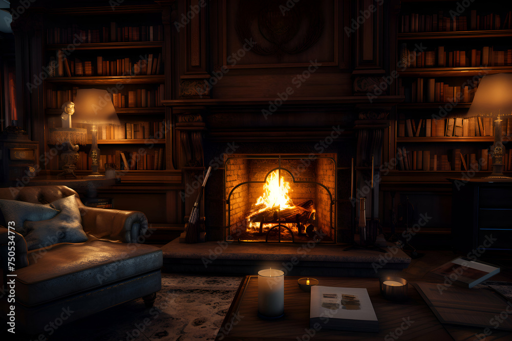 Cozy living room with fireplace and books. 3d rendering.