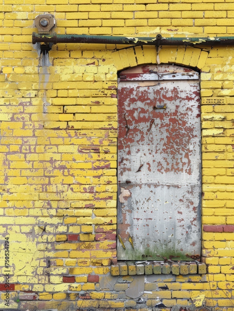 Naklejka premium A metal door stands sealed within a yellow-painted brick wall, flanked by rust and decay. Nature makes its mark with grass growing at the base, as time stands still.