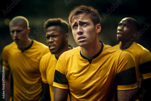 mens soccer football Dejected and down sports players looking sad and unhappy after losing a game or penalty shoot out in the match stadium depressed knocked out of the league cup tournament yellow © James