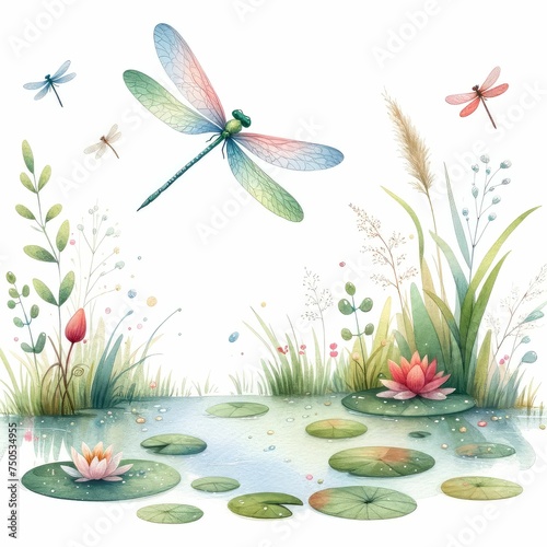 Dragonflies hovering over ponds. watercolor illustration, natural clipart.  photo