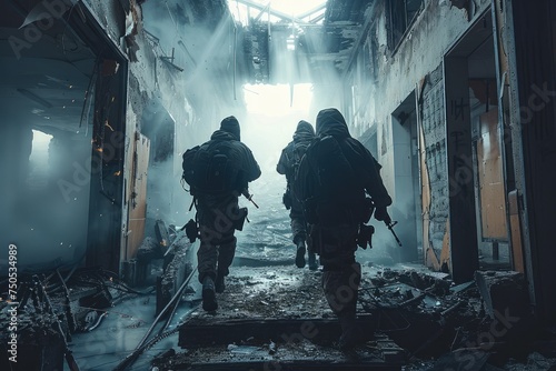 Small group of urban mercenaries in armed conflict inside of an abandoned place. Generative AI. photo