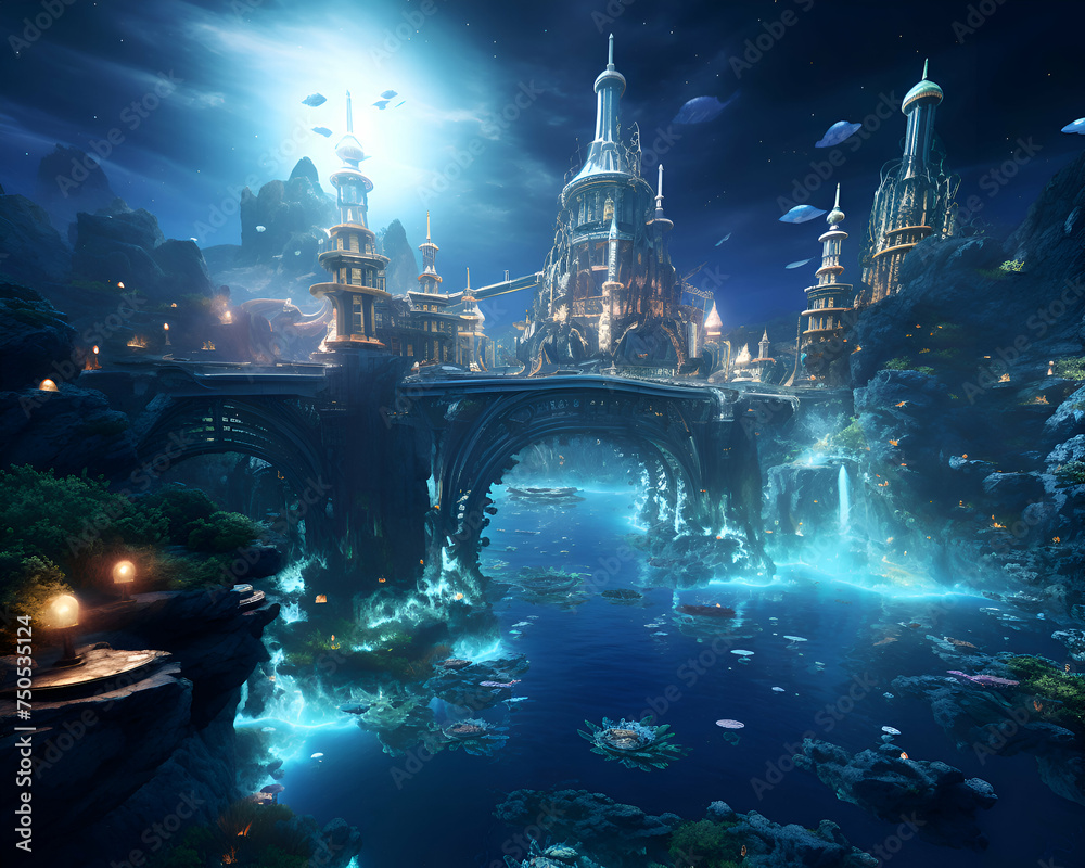 Fantasy landscape with castle and bridge in the water. 3D rendering