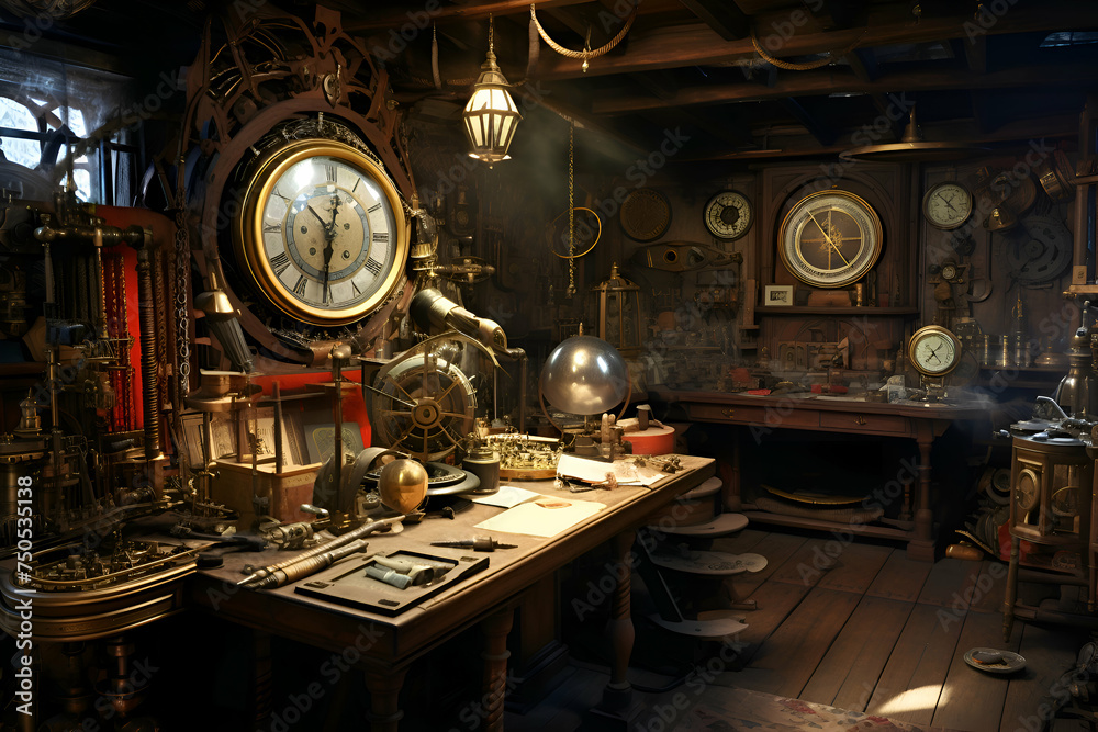 Vintage interior of a room with a clock and other items.