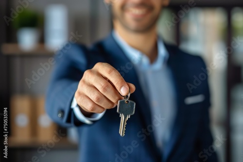 Man in Blue Suit Holding a Key